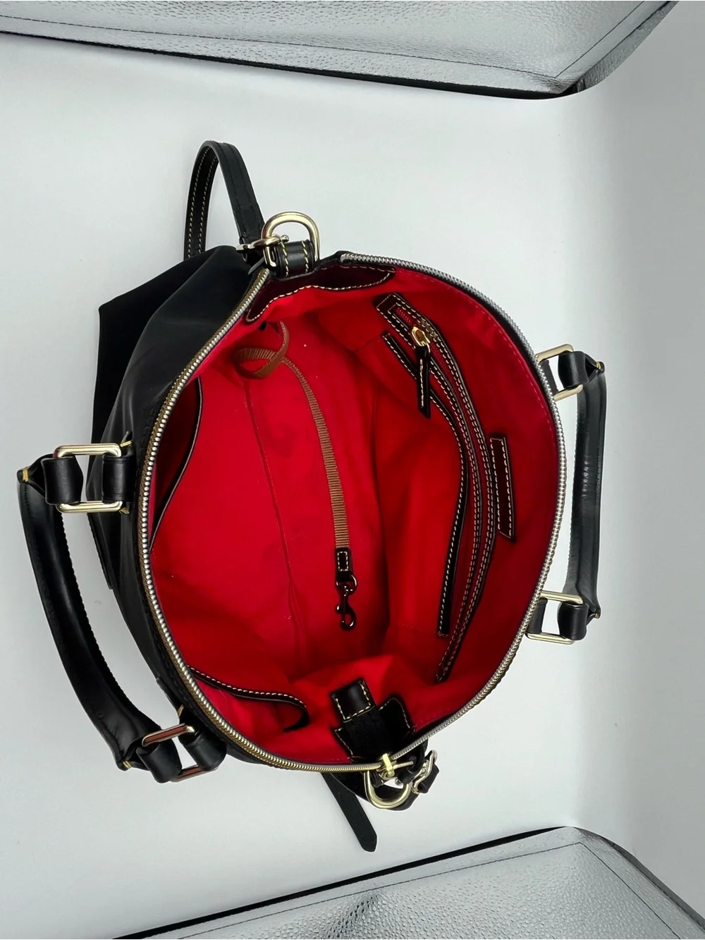 Dooney & Bourke Black Nylon Satchel with Yellow Contrast Stitching Red Lining